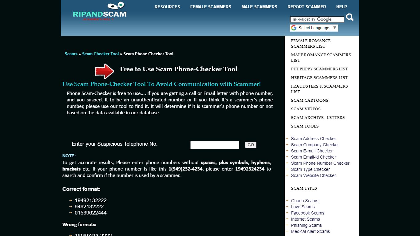 Free Scammer Phone Number Lookup search numbers call - Ripandscam